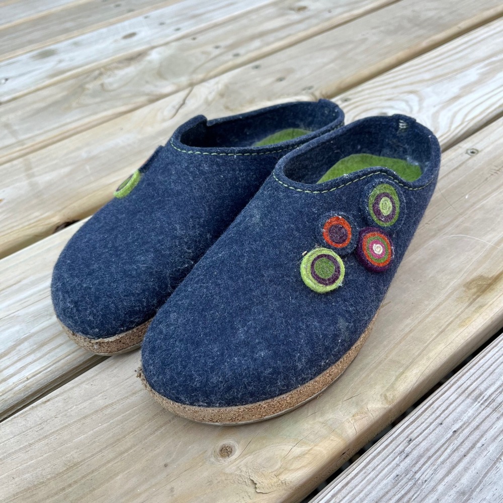 Haflinger Clogs Blue Felted Wool Circles Cork Sole Size 40 Artsy